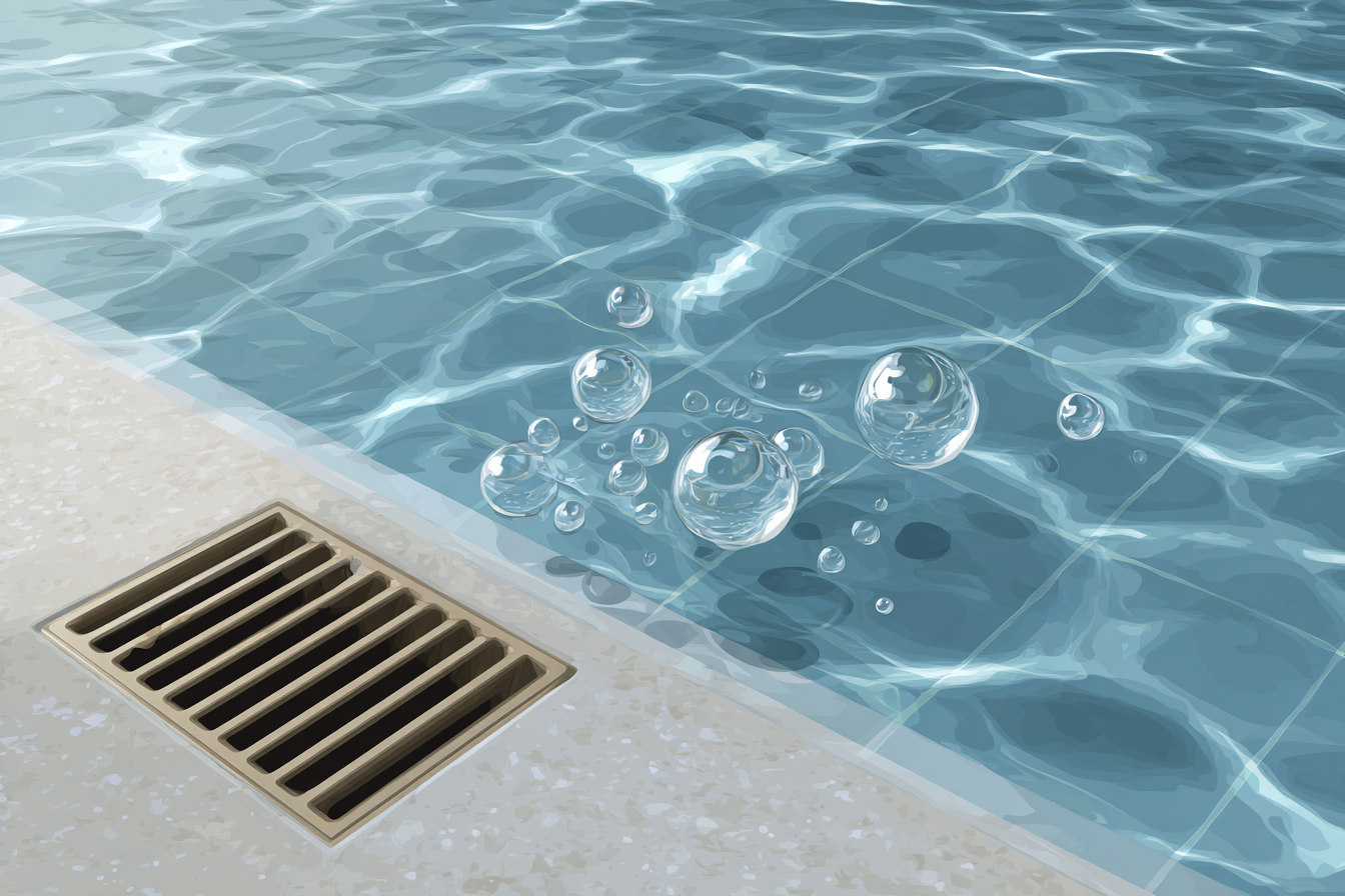 Det kommer bubblor ur poolens inlopp. Illustration: Poolgiganten AB, Plats: Skärhamn, Tjörn