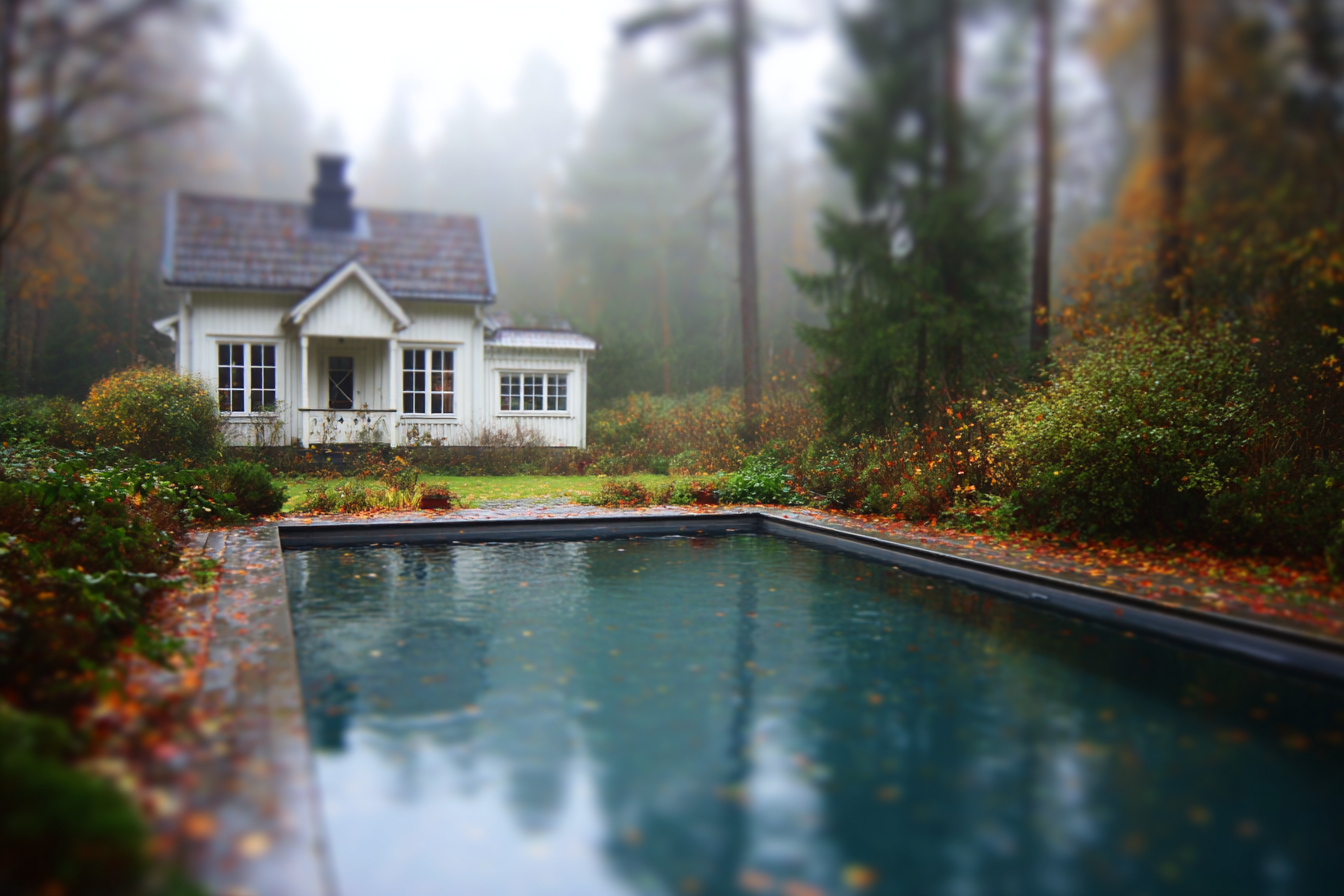 En lövbeklädd pool redo för vinterstängning, Foto: Poolgiganten AB, Plats: Orust