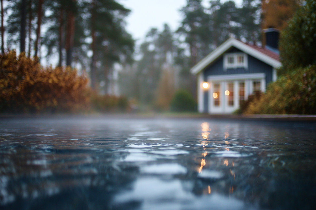 Ett blått hus i oskärpa bakom en höstkall pool som skall vinterstängas. Foto: POOLLGANTEN AB, Plats: Sollentuna (Stockholm)