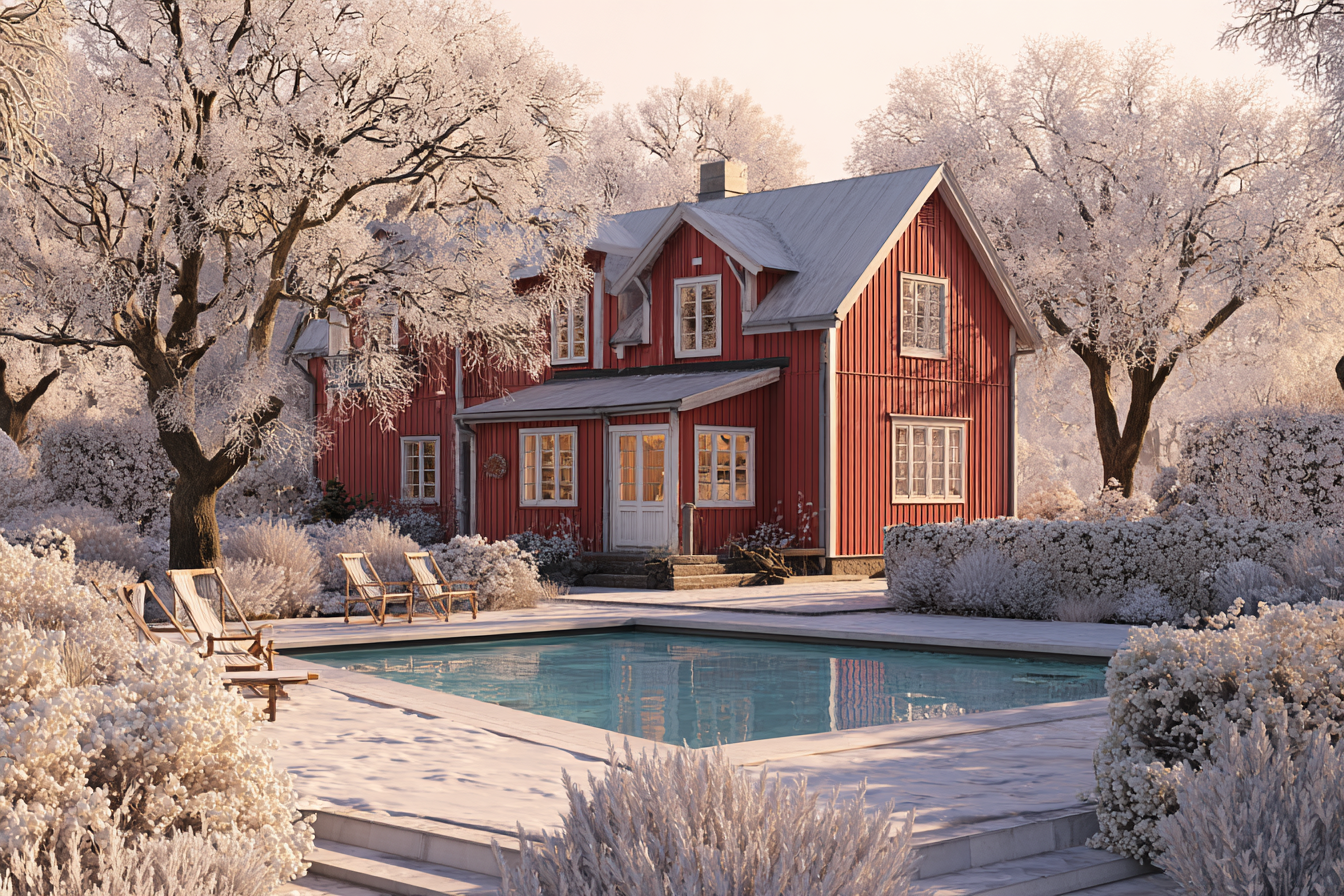 Ett klassiskt rött hus med an pool på vintern. Foto Poolgiganten AB Plats Malmö