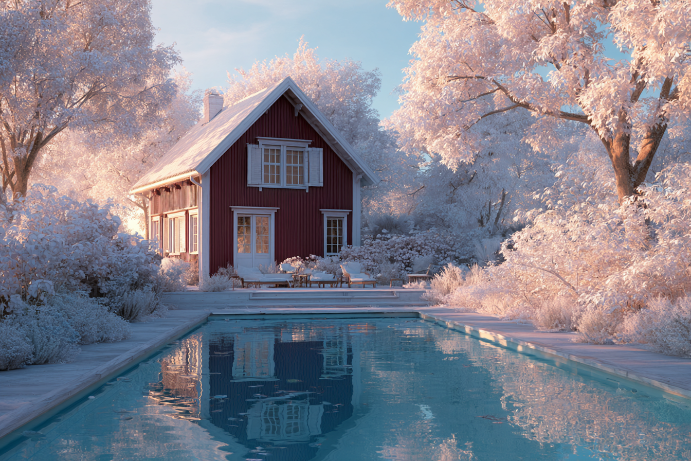 Rött hus med vita knutar och en snötäckt pool Foto Poolgiganten AB Plats Särö (Göteborg)